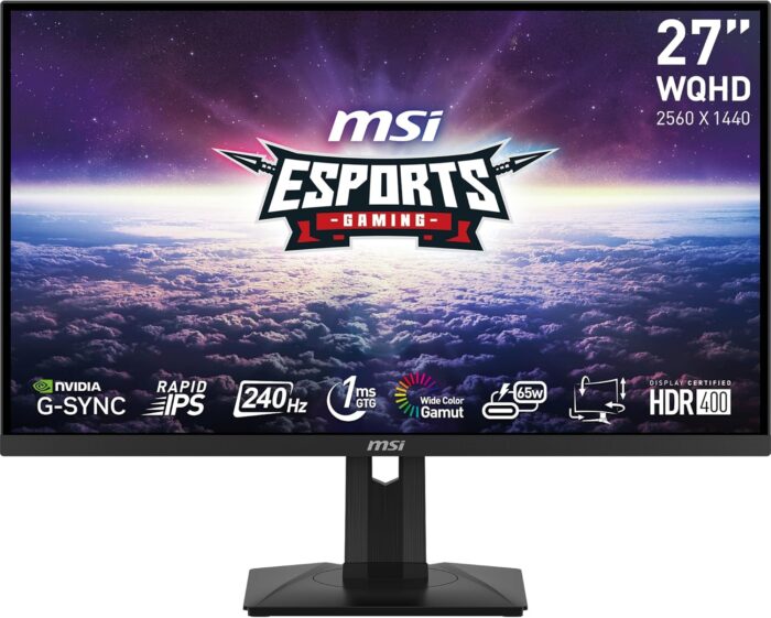 MSI G274QPX, 27″ Gaming Monitor, 2560 x 1440 (QHD), Rapid IPS, 1ms, 240Hz, G-Sync Compatible, HDR 400, HDMI, Displayport, Tilt, Swivel, Height Adjustable, Pivot,Black