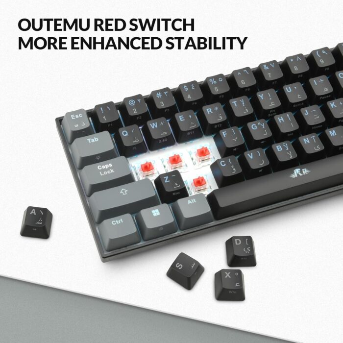 Rii [Arabic layout]RK802 Wireless Gaming keyboard, 3 Modes(Bluetooth/2.4G/Wired), 60% Rechargeable RGB Backlit Gaming Keyboard Red Switch for PC Windows Laptop(Black) - Image 6