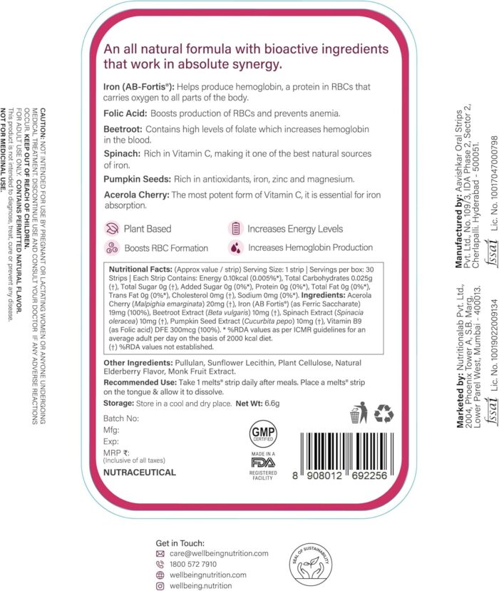 Wellbeing Nutrition Melts Nano Iron | Plant Based Iron, Beetroot, Swiss Chard, Pumpkin Seeds, Vitamin C and Folate for Improved Hemoglobin, Oxygen binding capacity & Blood Building (30 Oral Strips) - Image 7