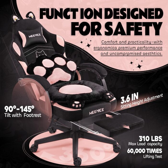 Pink Gaming Chair Cute with Cat Ears Paw Lumbar and Cushion,Ergonomic Computer Chair with Footrest,Reclining PC Game Chair for Girl Computer Chair 300lbs for Adult - Image 6