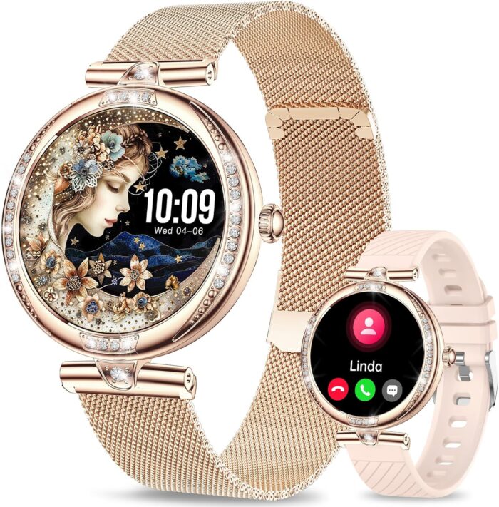 Efolen Smart Watch for Women(Make/Answer Call), 1.19″ AMOLED Screen Fitness Tracker 110+ Sports Modes IP68 Waterproof Step Counter/BP/Heart Rate/Sleep Monitor SmartWatches for Android iOS -Rose Gold