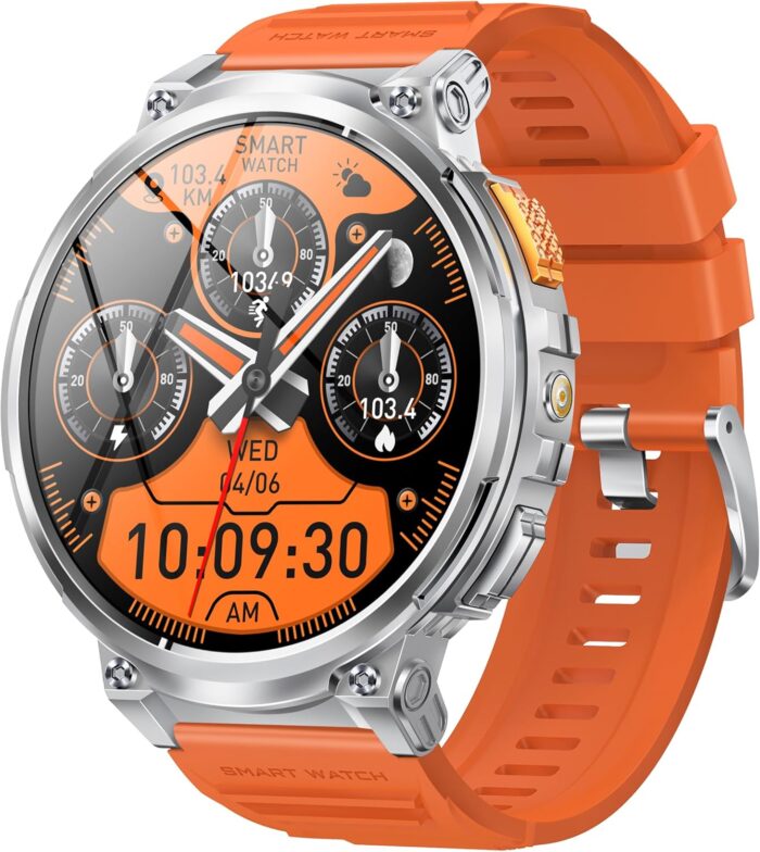 Military Smart Watch for Men with LED Flashlight 1.85” Rugged Smart Watch 730mAh Battery 114 Sports Modes Fitness Watch Heart Rate Sleep Tracker Tactical Smartwatch for iOS Android,Orange