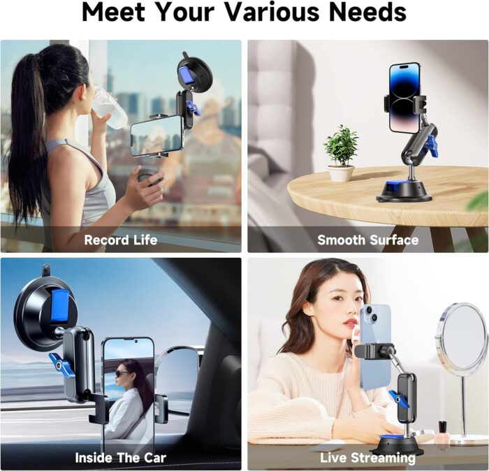 Car Photography Phone Holder Phone Mount, Suction Cup Car Phone Holder, Universal 360° Rotation Anti-Shake Metal Car Phone Holder for Video Recording & Navigation, Applicable for iPhone Samsung, Black - Image 5