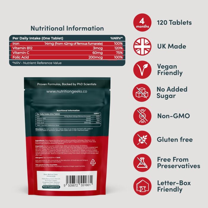 Iron Tablets High Strength - Energy Tablets with Vitamin C, B12 & Folic Acid - 120 Vegan Iron Supplements for Women and Men - 14mg - Enhanced Energy Support & Increased Absorption - UK Made - Image 3
