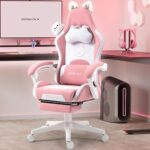 Dowinx Cute Gaming Chair with Cat Ears and Doll, Ergonomic Computer Chair for Girls with Footrest and Massage Lumbar Support, Comfortable Reclining Office Chair, 131.5 kg Load Capacity