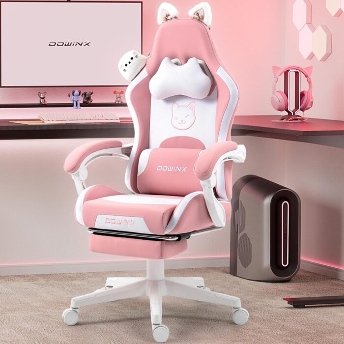 Dowinx Cute Gaming Chair with Cat Ears and Doll, Ergonomic Computer Chair for Girls with Footrest and Massage Lumbar Support, Comfortable Reclining Office Chair, 131.5 kg Load Capacity