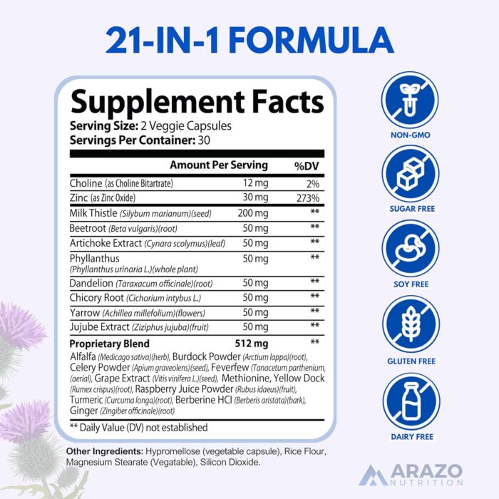Liver Cleanse Detox & Repair Formula – 22 Herbs Support Supplement: Milk Thistle Extracts Silymarin, Beet, Artichoke, Dandelion, Chicory Root – Arazo Nutrition USA - Image 2