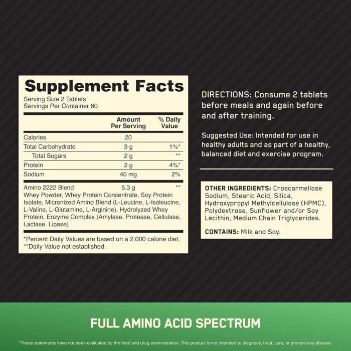 Optimum Nutrition (ON) Superior Amino 2222 Tablets, Complete Essential Amino Acids, EAAs to Maintain Muscle Tissue - 160 Tablets - Image 2