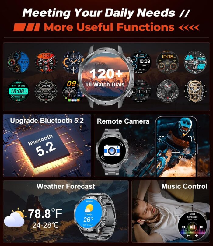 HIRREO Military Smart Watch for Men, 1.85'' HD Large Screen Smartwatch, Flashlight/IP68 Waterproof/800mAh/Pedometer/100+ Sports Fitness Tracker, Mens Smart Watches for Android iPhone Compatible - Image 6