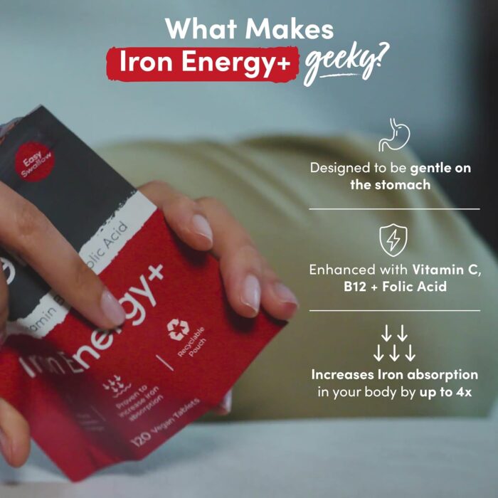 Iron Tablets High Strength - Energy Tablets with Vitamin C, B12 & Folic Acid - 120 Vegan Iron Supplements for Women and Men - 14mg - Enhanced Energy Support & Increased Absorption - UK Made - Image 2