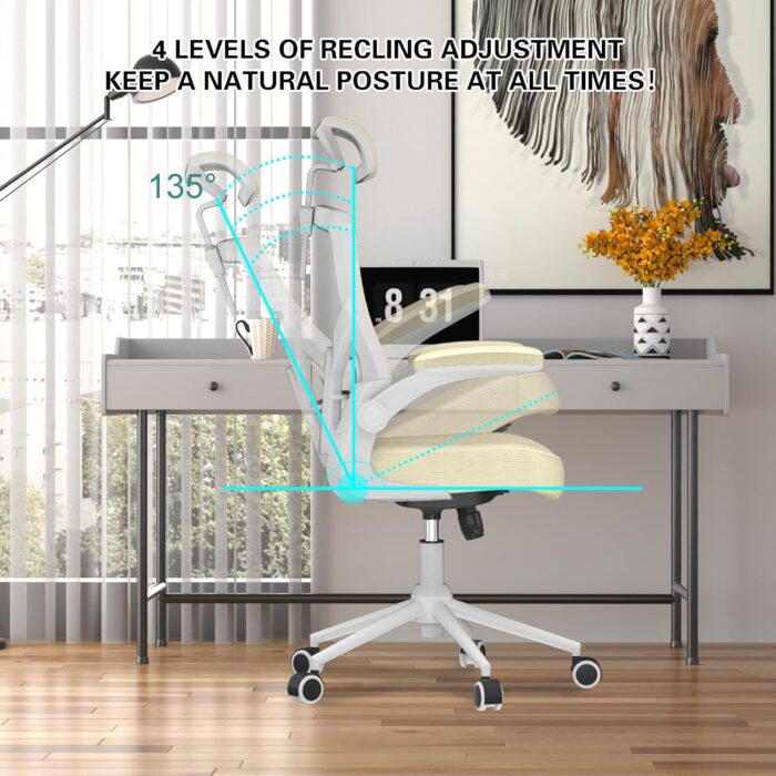 CYKOV 𝑯𝑶𝑴𝑬 𝑶𝑭𝑭𝑰𝑪𝑬 𝑪𝑯𝑨𝑰𝑹, Ergonomic Mesh Desk Chair, High Back Computer Chair- Adjustable Headrest with Flip-Up Arms, Lumbar Support, Swivel Executive Task Chair (Modern, Beige) - Image 7