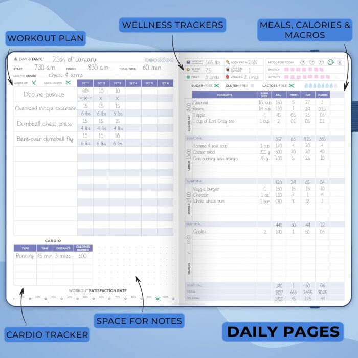 Clever Fox Fitness & Food Journal – Nutrition & Workout Planner for Women & Men – Diet & Gym Exercise Log Book with Calendars, Diet & Training Trackers - Undated, A5 Size, Hardcover (Mystic Blue) - Image 5