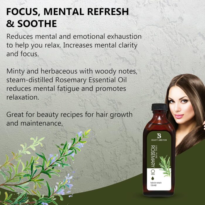 BEAUTY AMBITION Rosemary Oil For Dry, Damaged Hair & Skin Care Oil Essential Oils Pure, Organic, Natural, Undiluted Oil - 150 Ml - Image 3