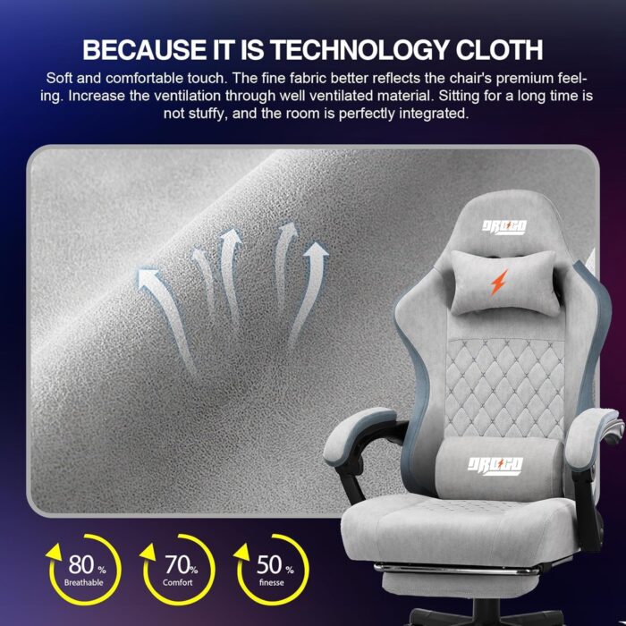 DROGO Throne Ergonomic Gaming Chair with Foot Rest, Armrest & Adjustable Seat | Computer Chair with Fabric, Head & Massager Lumbar Support Pillow | Home & Office Chair with Full Recline (Lite Grey) - Image 7