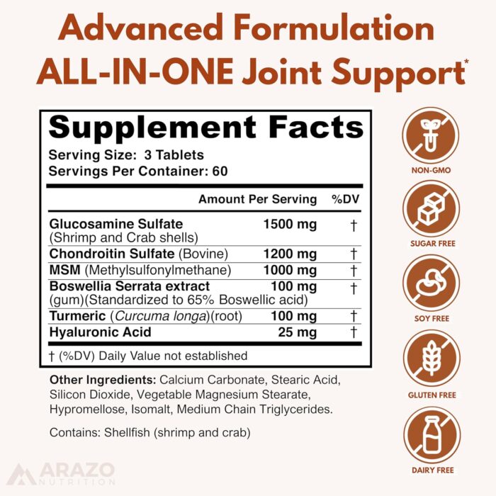 Arazo Nutrition Glucosamine Chondroitin Turmeric Msm Boswellia Joint Support Supplement for Relief (10oz,180 Tablets) - Image 2