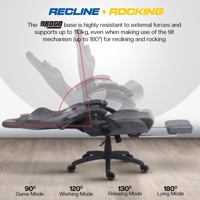 BAYBEE Drogo Multi-Purpose Ergonomic Gaming Chair with 7 Way Adjustable Seat, Head & USB Massager, PU Leather Lumbar Pillow Home & Office Chair with Full Reclining Back Footrest (Grey) - Image 7