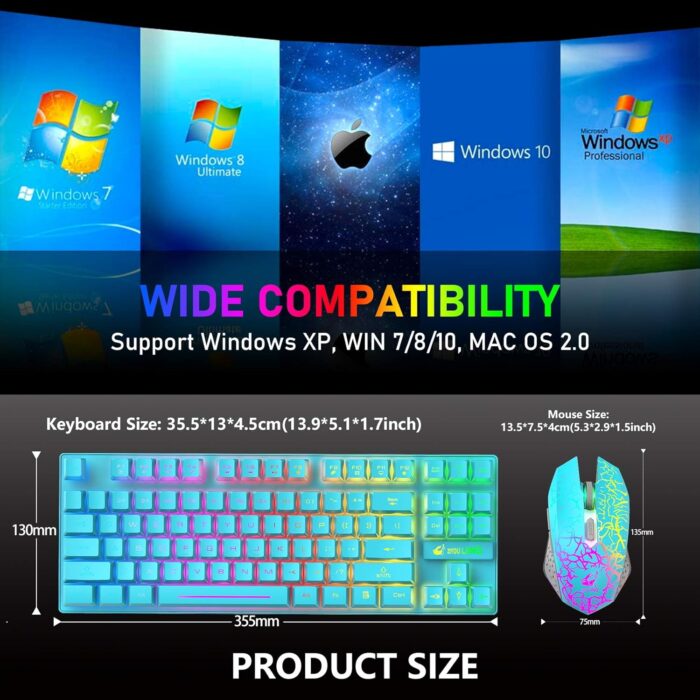 Wireless Gaming Keyboard and Mouse Combo with 87 Key Rainbow LED Backlight Rechargeable 3800mAh Battery Mechanical Feel Anti-ghosting Ergonomic Waterproof RGB Mute Mice for Computer PC Gamer (Blue) - Image 9
