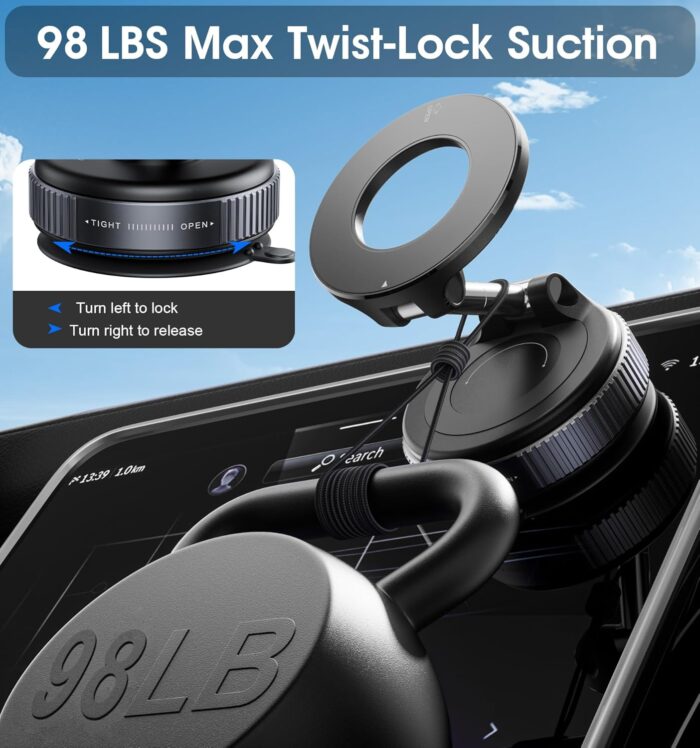 REOKILY Strong Magnetic Car Phone Holder for MagSafe, Ultra Vacuum Suction Cup Phone Mount 360° Cell Phone Holders for Your Car Accessories for iPhone 16 15 14 13 12 Android - Image 4