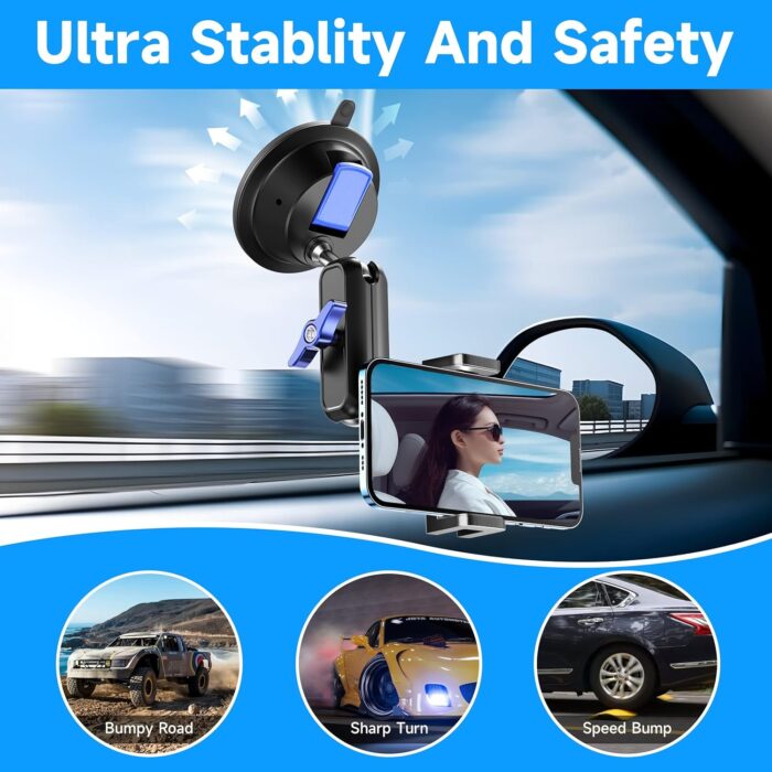 Car Photography Phone Holder Phone Mount, Suction Cup Car Phone Holder, Universal 360° Rotation Anti-Shake Metal Car Phone Holder for Video Recording & Navigation, Applicable for iPhone Samsung, Black - Image 4