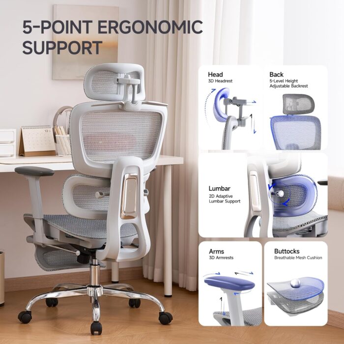 LarkLeaves Ergonomic Chair with Footrest, Office Chair with 3D Headrest, Desk Chair with Adjustable Backrest & 3D Armrest, Gaming Chair with Adaptive Lumbar Support, Mesh Backrest & Cushion, Grey - Image 4
