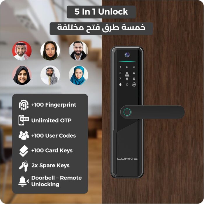 Lumive Smart Door Lock,Arabic Language Support, KSA version Mortise 4585, WiFi App Control, Suitable for Outdoors, Fingerprint Entry, Passwords, Deadbolt, Keys, 5 RFID Cards (Guardian G12 + Camera) - Image 3