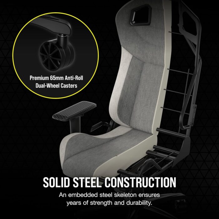 Corsair T3 RUSH Fabric gaming chair, racing style, soft fabric upholstery, padded neck pillow and lumbar support, seat height adjustable, grey and white - Image 5