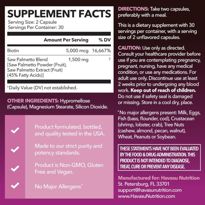 HAVASU NUTRITION Saw Palmetto + Biotin Supplement | DHT Blocker Hair Health Vitamins Capsule| Women with PCOS or Post-Partum Hair Loss | 60 Vegan Biotin Vitamins to Help Support Hair Health - Image 2