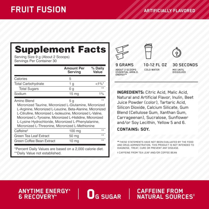 Optimum Nutrition (ON) Amino Energy - Pre Workout With Green Tea, Bcaa, Amino Acids, Keto Friendly, Green Coffee Extract, 0 Grams of Sugar, Anytime Energy Powder - Fruit Fusion, 270 G, 30 Servings - Image 3