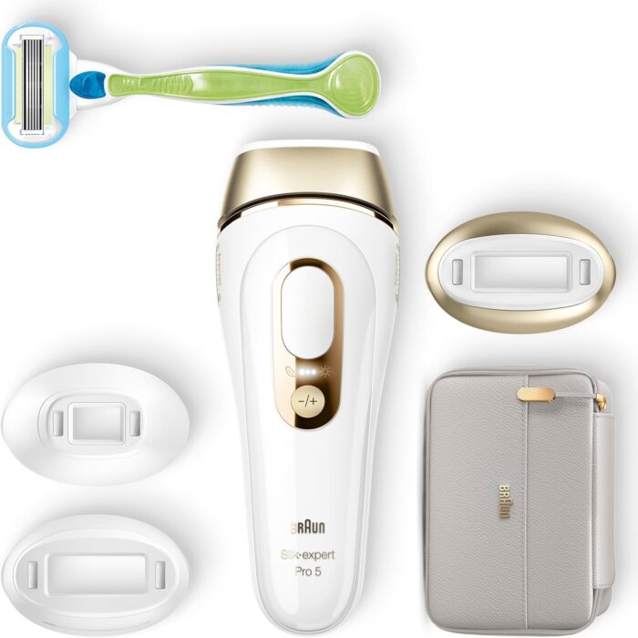 Braun Silk·expert Pro 5, At-Home Laser, IPL Hair Removal Device, Permanent Visible Hair Removal, 1 Standard & 1 Precision & 1 Wide Head & Venus Razor, Gift for Women, PL5257, White/Gold - Image 3