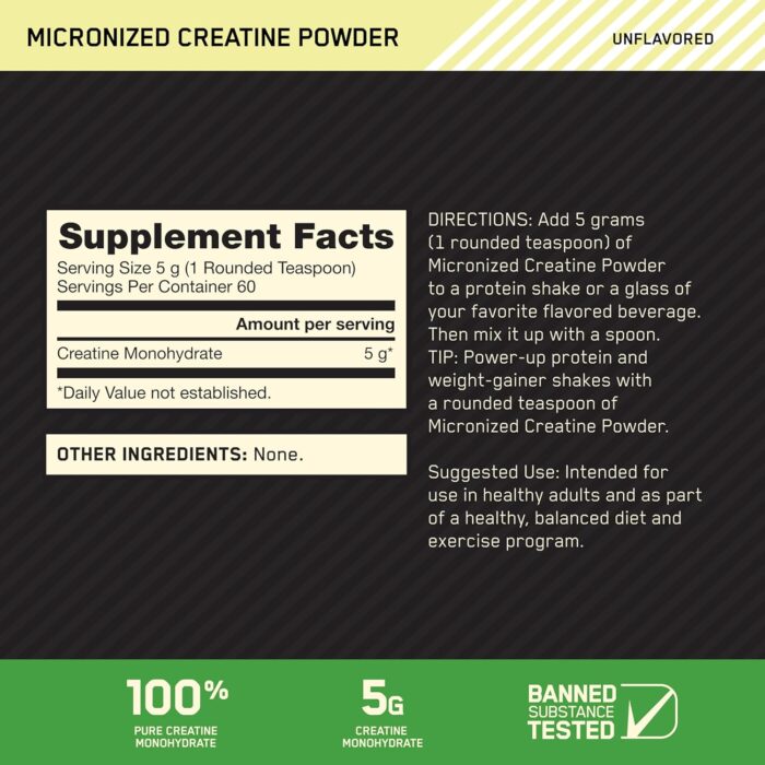 Optimum Nutrition (ON) Micronized Creatine Monohydrate Powder for Muscle Building Support - Unflavored, 300 Grams, 60 Servings - Package May Vary - Image 2