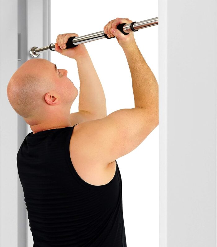 Sunny Health & Fitness Upper Body Workout Bar for Strength Training, Home Gym Exercise and Workout, Optional Doorway Chin Up Pull Up Bar & Threaded Chrome Dumbbell Bar Set - Image 2