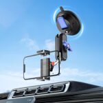 Car Photography Phone Holder Phone Mount, Suction Cup Car Phone Holder, Universal 360° Rotation Anti-Shake Metal Car Phone Holder for Video Recording & Navigation, Applicable for iPhone Samsung, Black