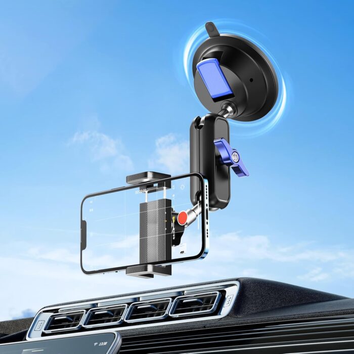 Car Photography Phone Holder Phone Mount, Suction Cup Car Phone Holder, Universal 360° Rotation Anti-Shake Metal Car Phone Holder for Video Recording & Navigation, Applicable for iPhone Samsung, Black