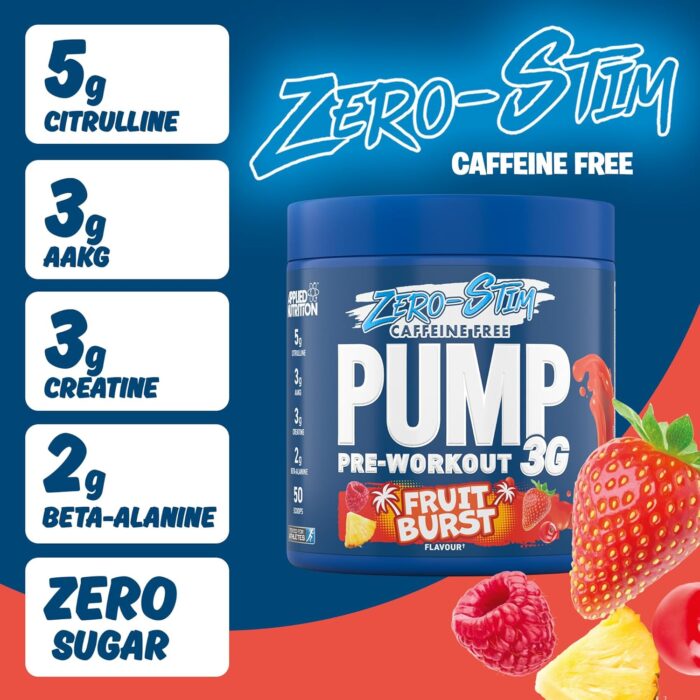 Applied Nutrition Pump Zero Pre Workout - Zero Stim, Caffeine Free, Energy & Performance (375g - 25 Servings) (Fruit Burst) - Image 3