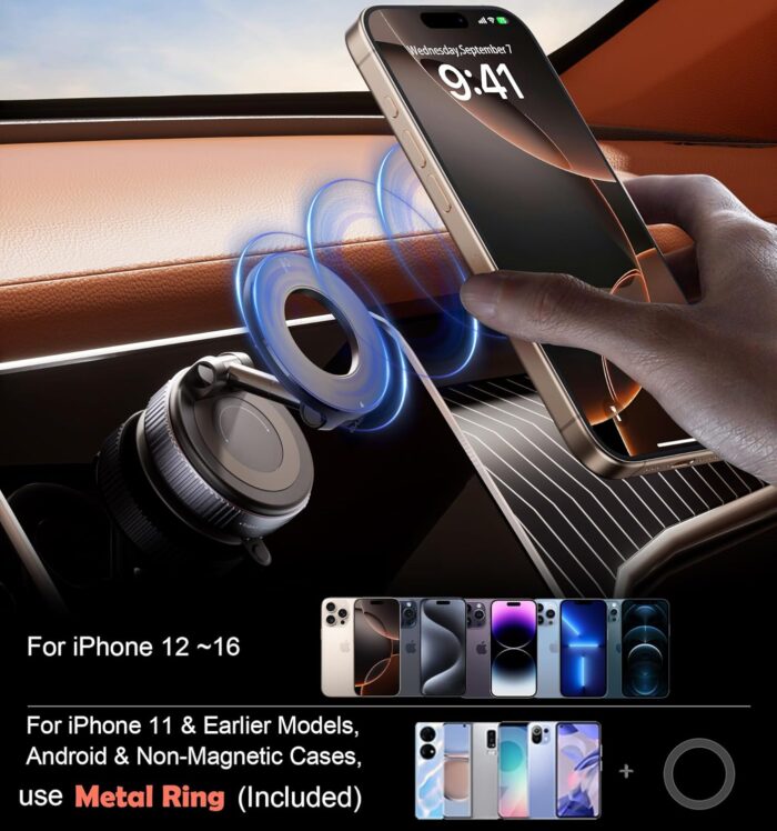 REOKILY Strong Magnetic Car Phone Holder for MagSafe, Ultra Vacuum Suction Cup Phone Mount 360° Cell Phone Holders for Your Car Accessories for iPhone 16 15 14 13 12 Android - Image 6