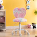 DM Furniture Small Kids Chair, Cute Heart Girls Desk Chair, Rolling Study Chair Furry Pink Computer Chair, Faux Fur Swivel Vanity Chair for Children Bedroom/Study, Colorful - Image 2
