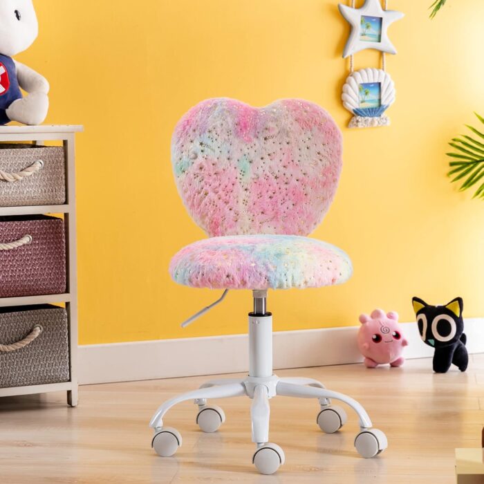 DM Furniture Small Kids Chair, Cute Heart Girls Desk Chair, Rolling Study Chair Furry Pink Computer Chair, Faux Fur Swivel Vanity Chair for Children Bedroom/Study, Colorful - Image 2