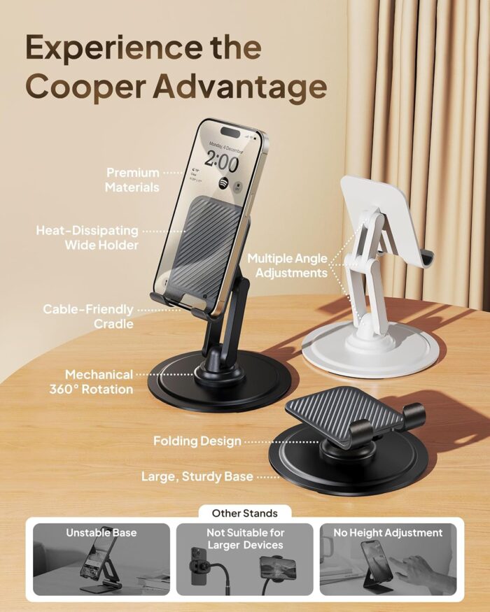 Cooper 360 Stand - Adjustable Cell Phone Stand for Desk | 360 Click-Rotating, Multi-Angle, Non-Slip Metal Base, Foldable & Portable | iPhone Stand for Desk, Cell Phone Stand Holder (Piano Black) - Image 6