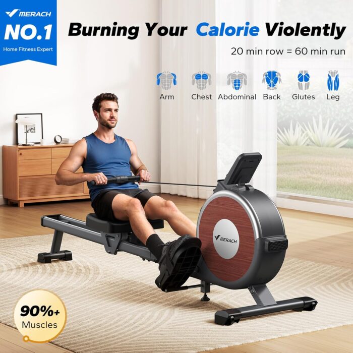 Merach Rowing Machines for Home Use,Quiet Magnetic Rower Machine 16 Levels of Resistance,Dual Slide Rail with Max 160kg Weight Capacity, App Compatible with LCD Monitor - Image 2