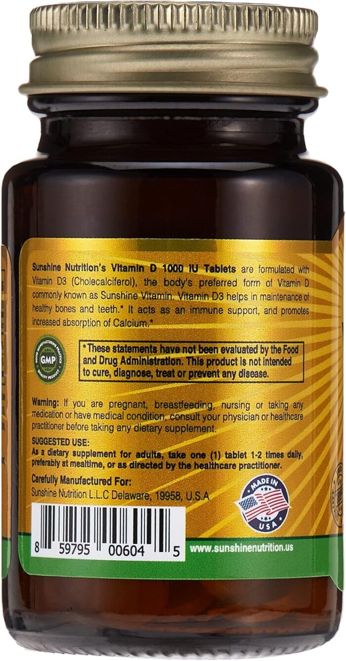 Sunshine Nutrition Vitamin D 1000 Iu (D3 Cholecalciferol), 100 Tablets | Promotes Strong Bones, Teeth | Supports Healthy Function | Gluten Free - Image 2