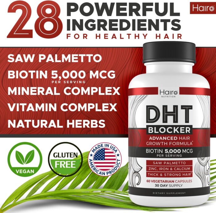 Hairo Nutrition DHT Blocker Growth Supplement - High Potency Biotin & Saw Palmetto for Regrowth - Natural Loss Treatments for Women & Men - Helps Stimulate Follicle Growth - Image 2
