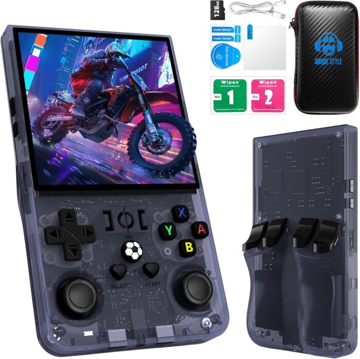 2025 New Upgrade R36MAX Retro Handheld Game Console with 60GB Built-in 15000 Classic Games, Portable Hand Held Open Source Linux System 4.0-in 4k HD IPS Screen Video Player(Gray 60GB)