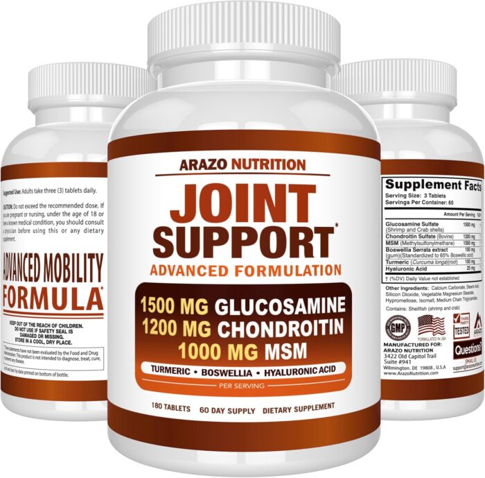 Arazo Nutrition Glucosamine Chondroitin Turmeric Msm Boswellia Joint Support Supplement for Relief (10oz,180 Tablets) - Image 9