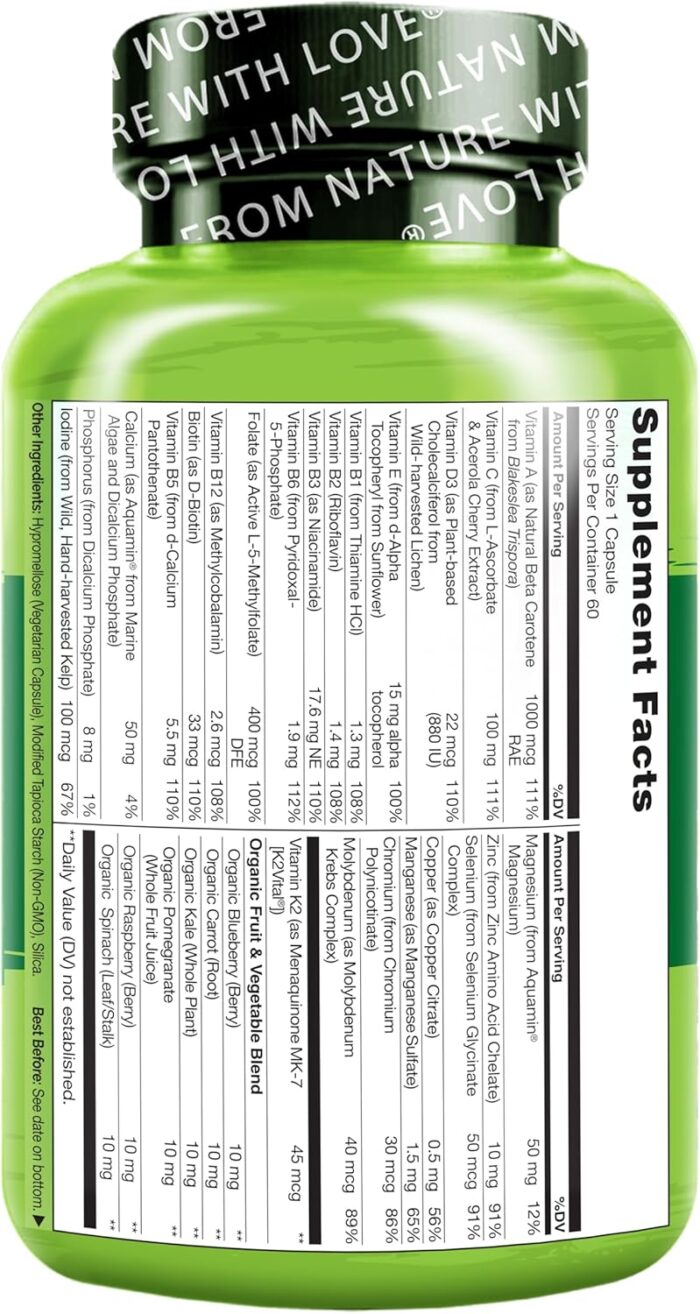 NATURELO One Daily Multivitamin for Men - with Vitamins & Minerals + Organic Whole Foods - Supplement to Boost Energy, General Health - Non-GMO - 60 Capsules - 2 Month Supply - Image 6