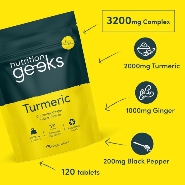 Turmeric Tablets 2000mg with Black Pepper & Ginger - 120 High Strength Curcumin Supplements - Easy Swallow Tablets (Not Turmeric Capsules or Powder) - Vegan - UK Made (Packaging Design May Vary) - Image 4