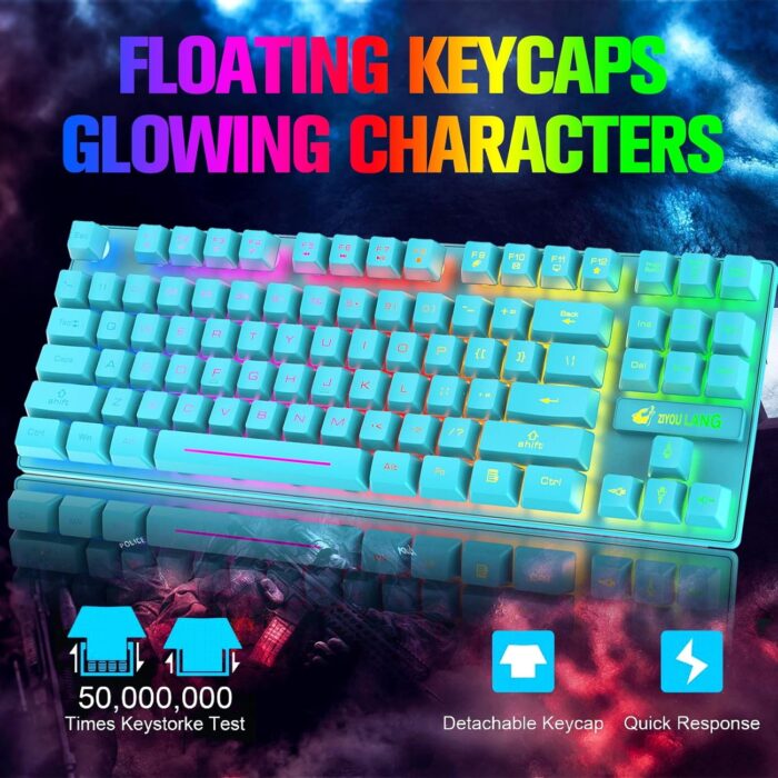 Wireless Gaming Keyboard and Mouse Combo with 87 Key Rainbow LED Backlight Rechargeable 3800mAh Battery Mechanical Feel Anti-ghosting Ergonomic Waterproof RGB Mute Mice for Computer PC Gamer (Blue) - Image 3