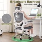 TONFARY Ergonomic Home Office Chair, High Back Mesh Desk Chair with Adjustable Lumbar Support, Flip-up Armrest, Removable Headrest, Swivel Computer Gaming Chair, Space Saving, 330LBS (White+Grey) - Image 4