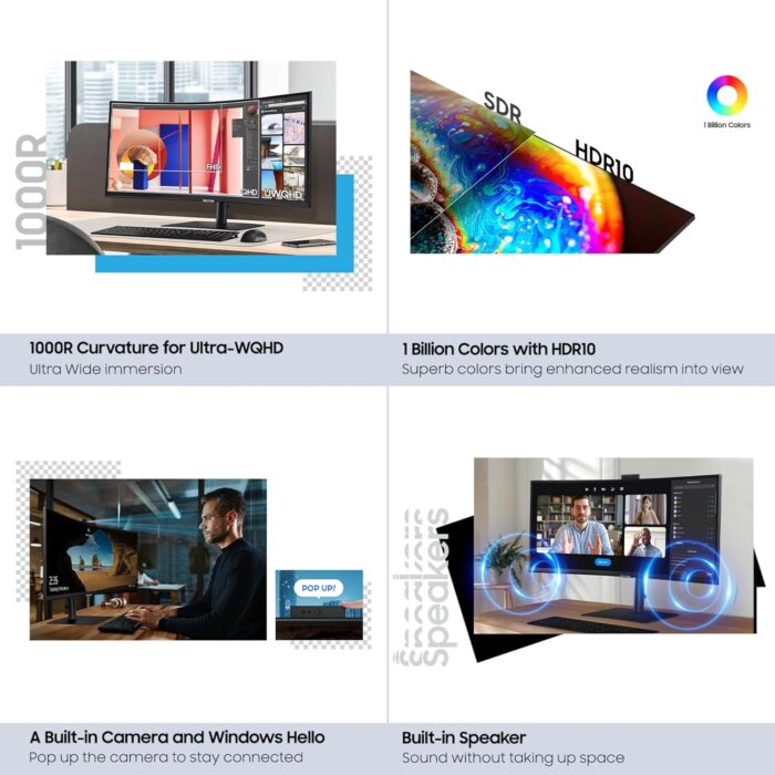 SAMSUNG 34” ViewFinity S65VC Series Ultrawide QHD Curved Monitor, Built-in FHD Camera, HDR10, 100Hz, 350 nit, USB- C, Adjustable Stand, Intelligent Eye Care, LS34C650VANXGO, Black - Image 8