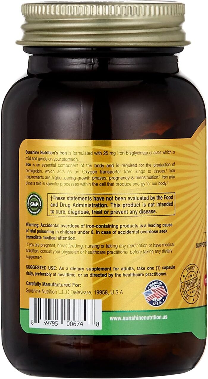 Sunshine Nutrition Iron 25 Mg, 100 Capsules | Supports Red Blood Cell Production | Gentle On Stomach & Non-Constipating - Image 2