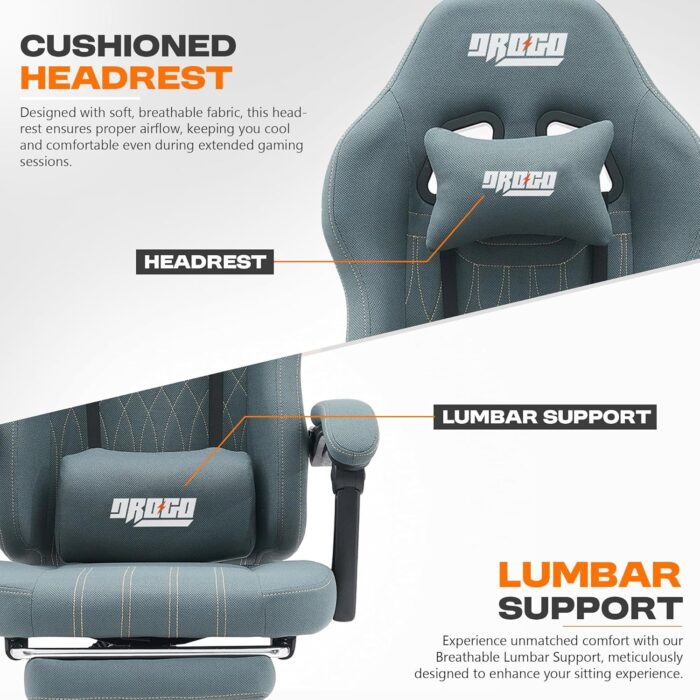 DROGO Premium Ergonomic Gaming Chair, Video Game Chair with Linkage Armrest, Footrest & Adjustable Computer Chair/Home & Office Chair with Fabric Material, Head & Lumbar Pillow with Recline (Grey) - Image 5